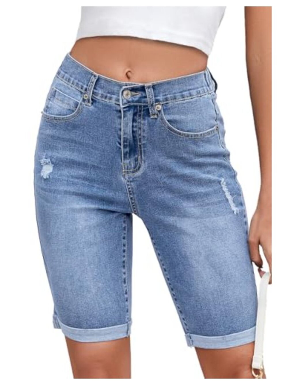 High Waist Bermuda Jean Shorts Rolled Hem Stretchy Denim Casual Summer